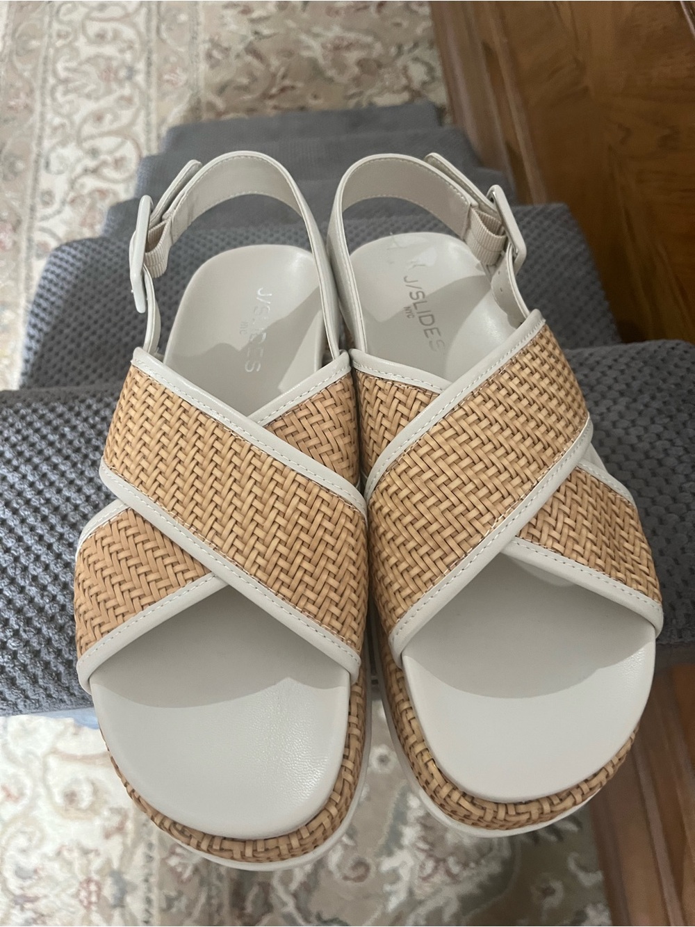 J/SLIDES Cream and Tan Woven Crossband Slingback Sandals